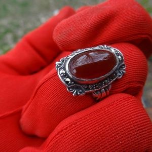 Carnelian Gemstone Marcasite Sterling Ring sz 6.5